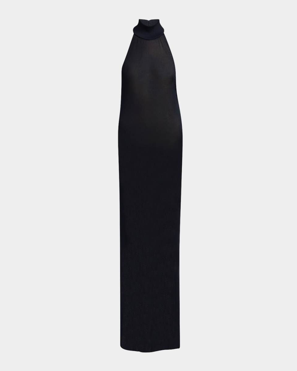 Mock-Neck Sheer Knit Backless Gown